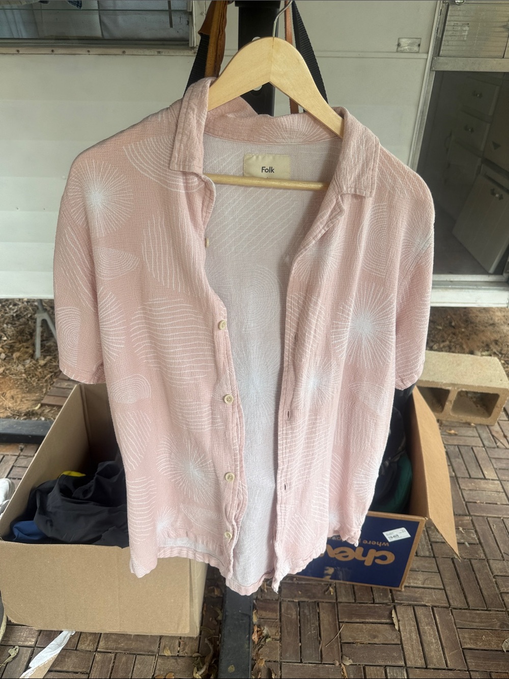 Folk Short-Sleeve Casual Button-Down Shirt - Pale Pink with White Pattern